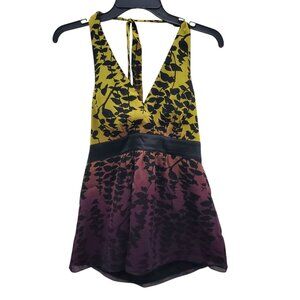 Express Women's Y2K Lime Purple Ombre Tropical Leaf Print Silk Halter Neck Top 6